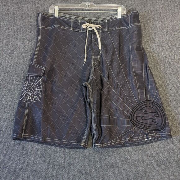 BILLABONG ANDY IRONS Rising Sun Board Shorts Rare Plaid Line Art Men's 38 - Picture 1 of 12